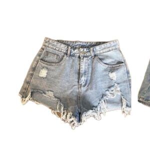 Cut off denim shorts, frayed edge, high rise, distressed zipper closure